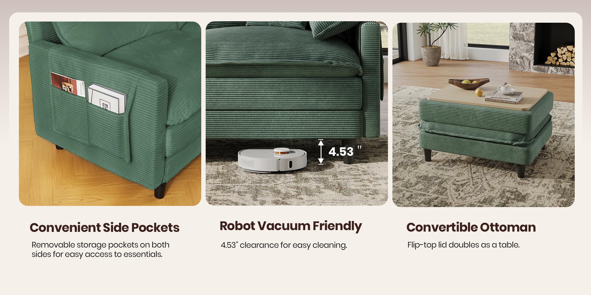 [2-3 Packages Shipping] Copiae 108" -143.7” L/U-Shaped Modular Cloud Sofa, Movable Dual-Function Ottomans Convertible to Coffee Table, Corduroy Sectional Couch with Three-Layer High-Resilience Foam Cushions, Easy Assembly for Apartment