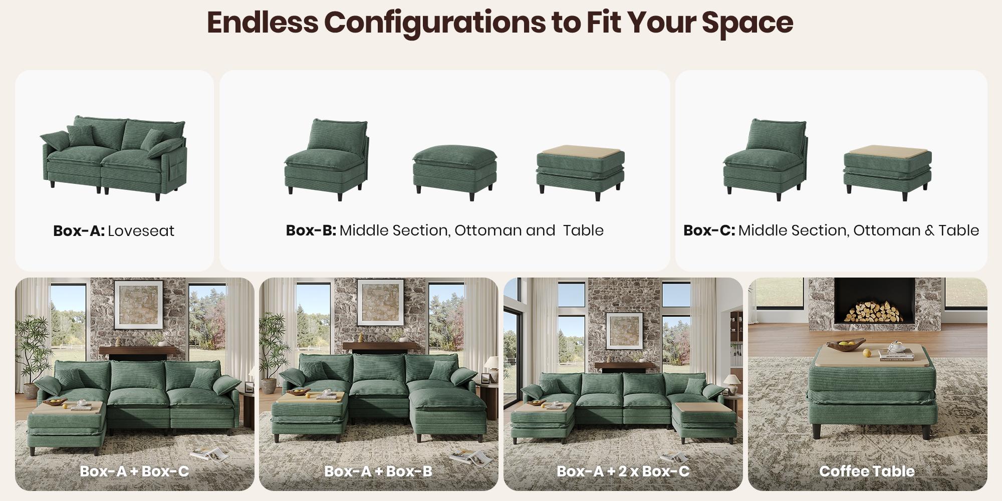 [2-3 Packages Shipping] Copiae 108" -143.7” L/U-Shaped Modular Cloud Sofa, Movable Dual-Function Ottomans Convertible to Coffee Table, Corduroy Sectional Couch with Three-Layer High-Resilience Foam Cushions, Easy Assembly for Apartment