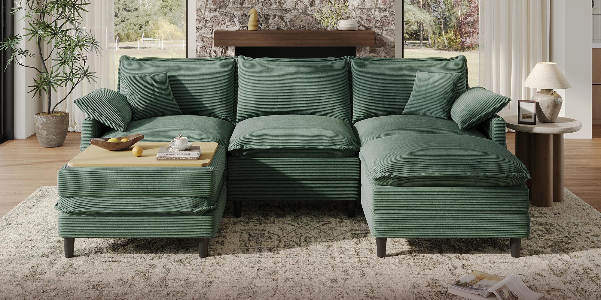 [2-3 Packages Shipping] Copiae 108" -143.7” L/U-Shaped Modular Cloud Sofa, Movable Dual-Function Ottomans Convertible to Coffee Table, Corduroy Sectional Couch with Three-Layer High-Resilience Foam Cushions, Easy Assembly for Apartment