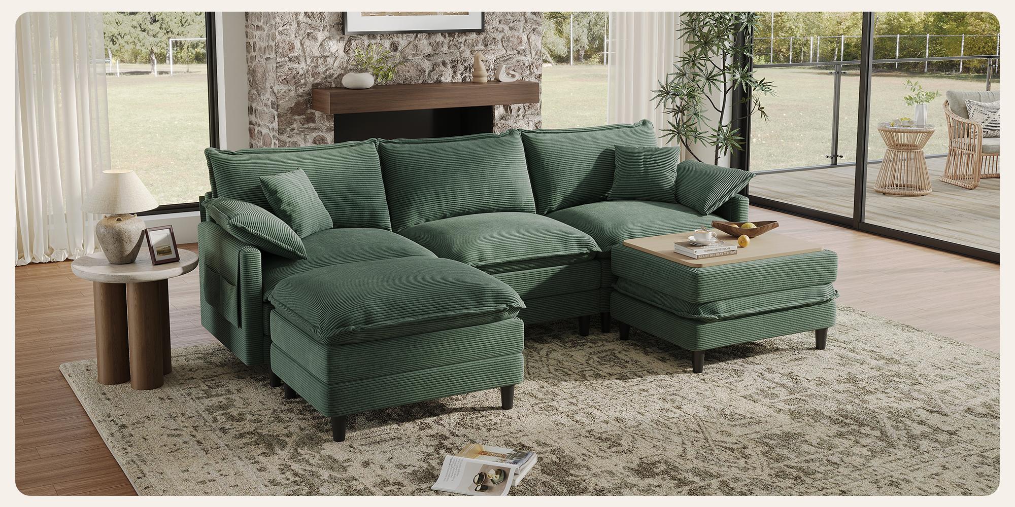 [2-3 Packages Shipping] Copiae 108" -143.7” L/U-Shaped Modular Cloud Sofa, Movable Dual-Function Ottomans Convertible to Coffee Table, Corduroy Sectional Couch with Three-Layer High-Resilience Foam Cushions, Easy Assembly for Apartment