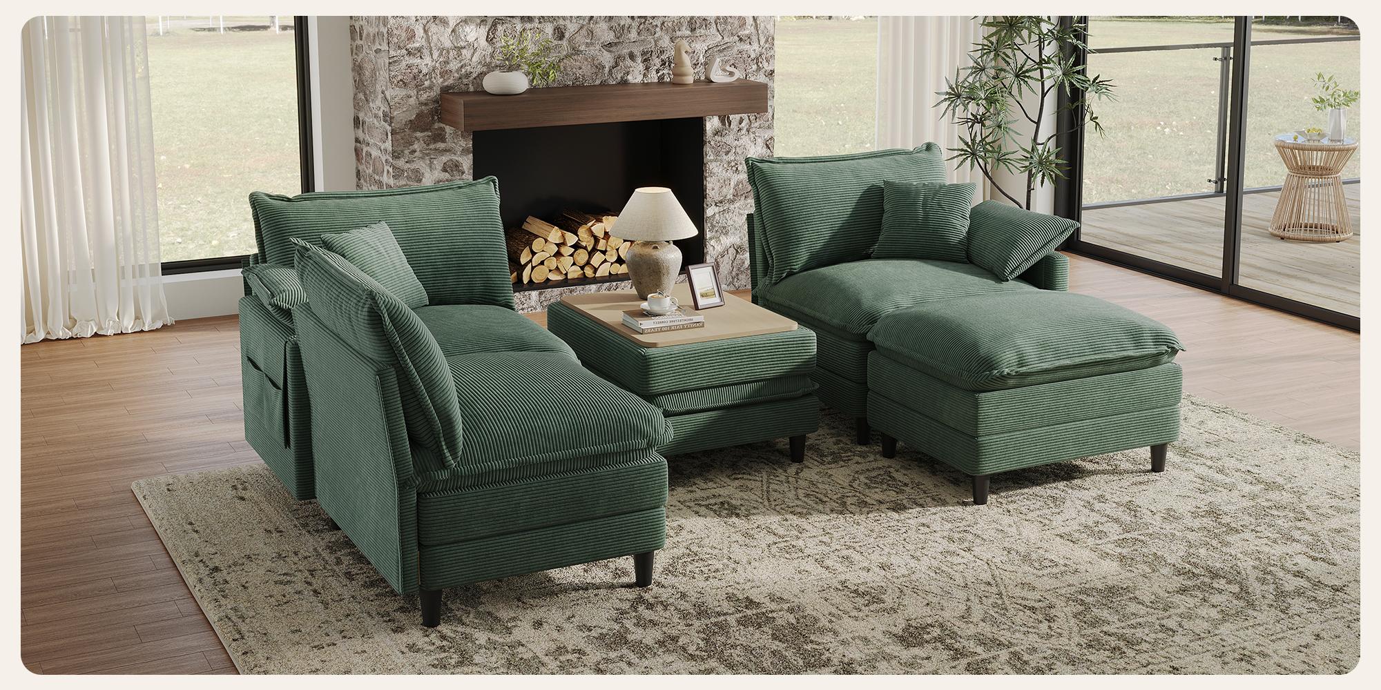 [2-3 Packages Shipping] Copiae 108" -143.7” L/U-Shaped Modular Cloud Sofa, Movable Dual-Function Ottomans Convertible to Coffee Table, Corduroy Sectional Couch with Three-Layer High-Resilience Foam Cushions, Easy Assembly for Apartment
