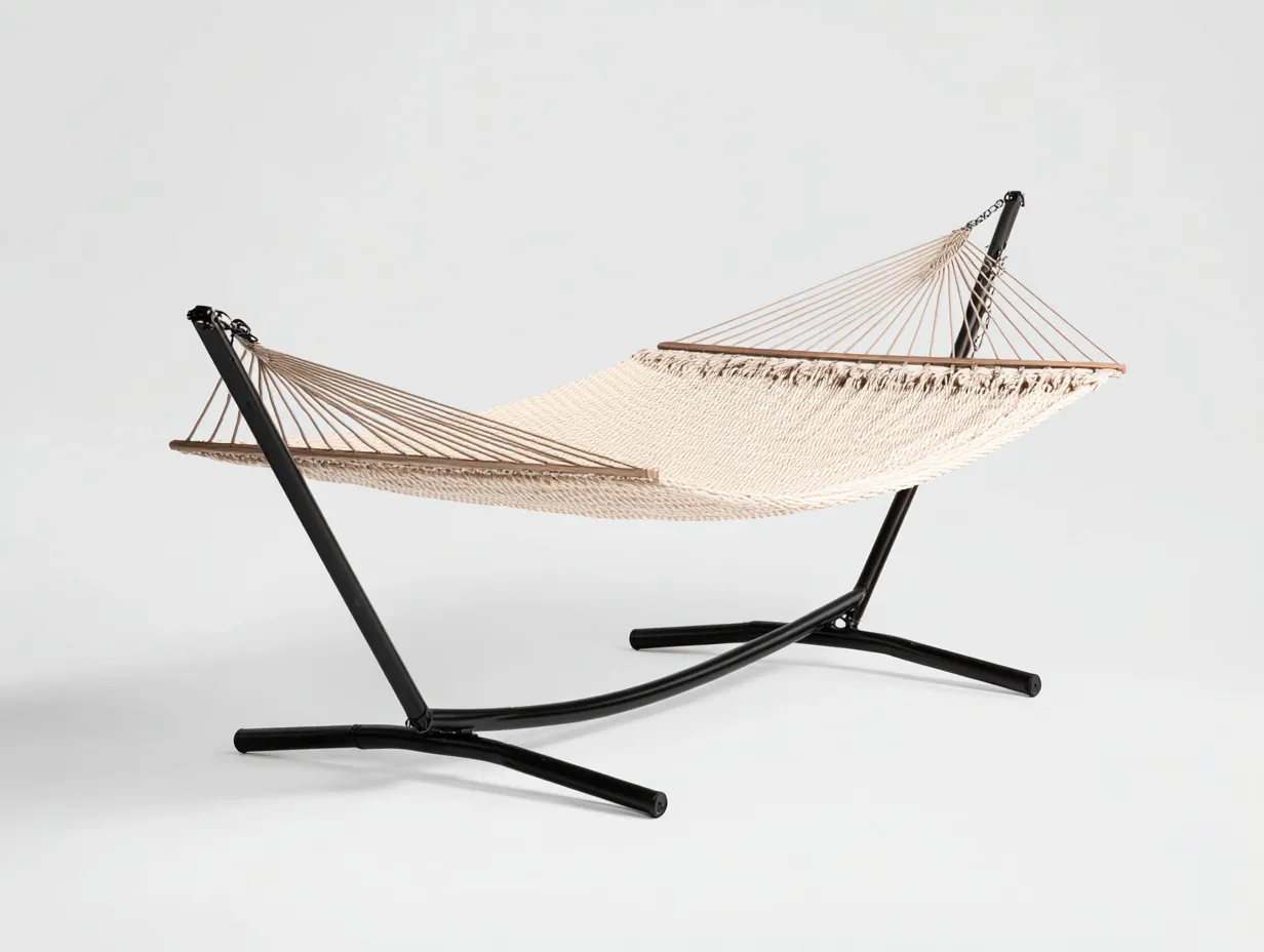 Hängematte Baumwollnetz 208x110x115 cm - Beige und Schwarz - Metallgestell für Garten-Kaluxnohaus