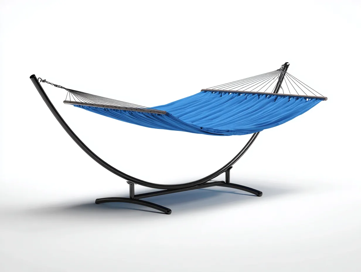 Hängematte Stoff 202x108x114 cm - Blau und Schwarz - gebogenes Metallgestell für Outdoor Ruhebereich-Kaluxnohaus