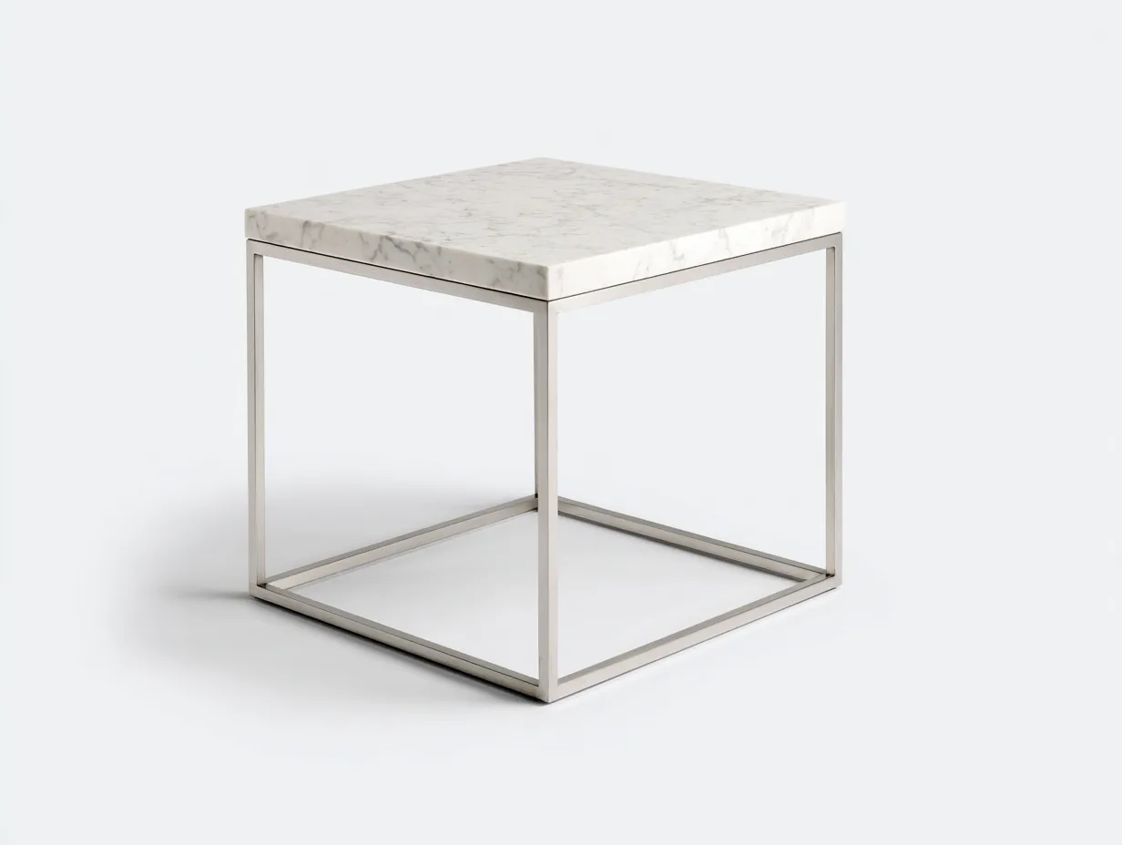 Beistelltisch mit weißer Steinoptik 53x53x56 cm - Weiß und Silber - kubischer Wohnzimmertisch-Kaluxnohaus