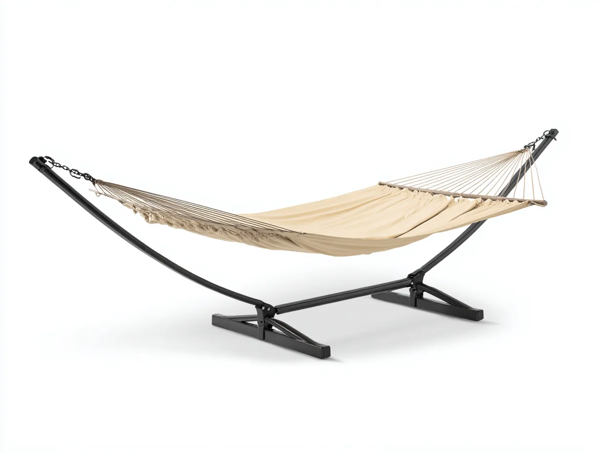 Hängematte Stoff 206x112x108 cm - Beige und Schwarz - freistehendes Metallgestell für Terrasse-Kaluxnohaus