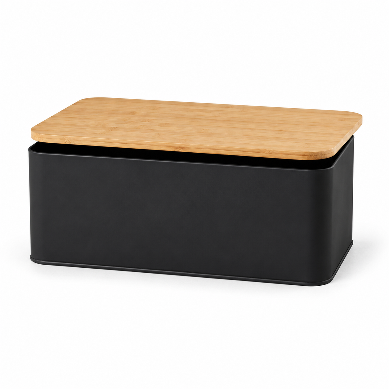 Brotkasten aus Metall mit Bambusdeckel matt schwarz 34 cm-AvoriaNest