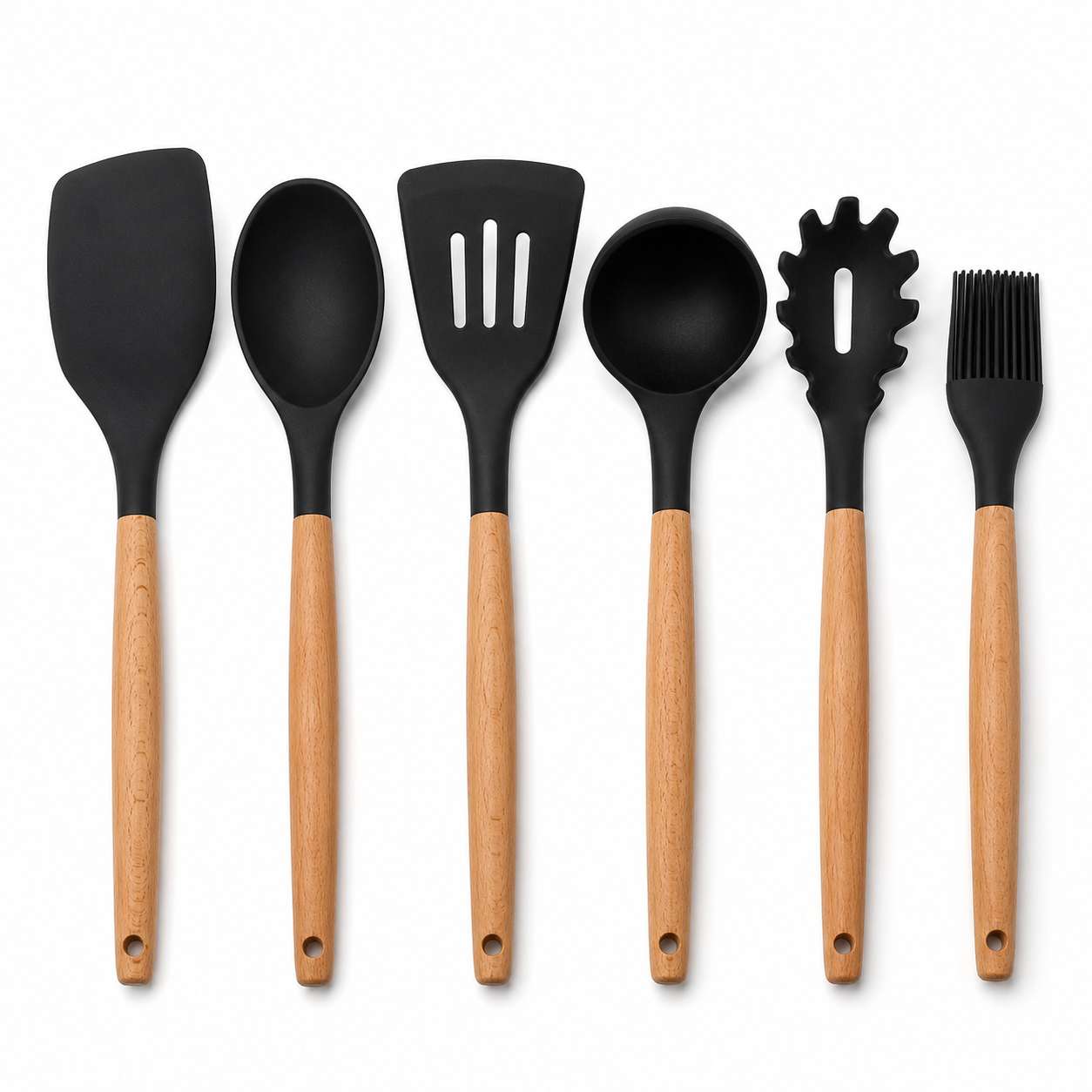 Silikon Küchenhelfer Set schwarz 6 teilig mit Holzgriffen-AvoriaNest