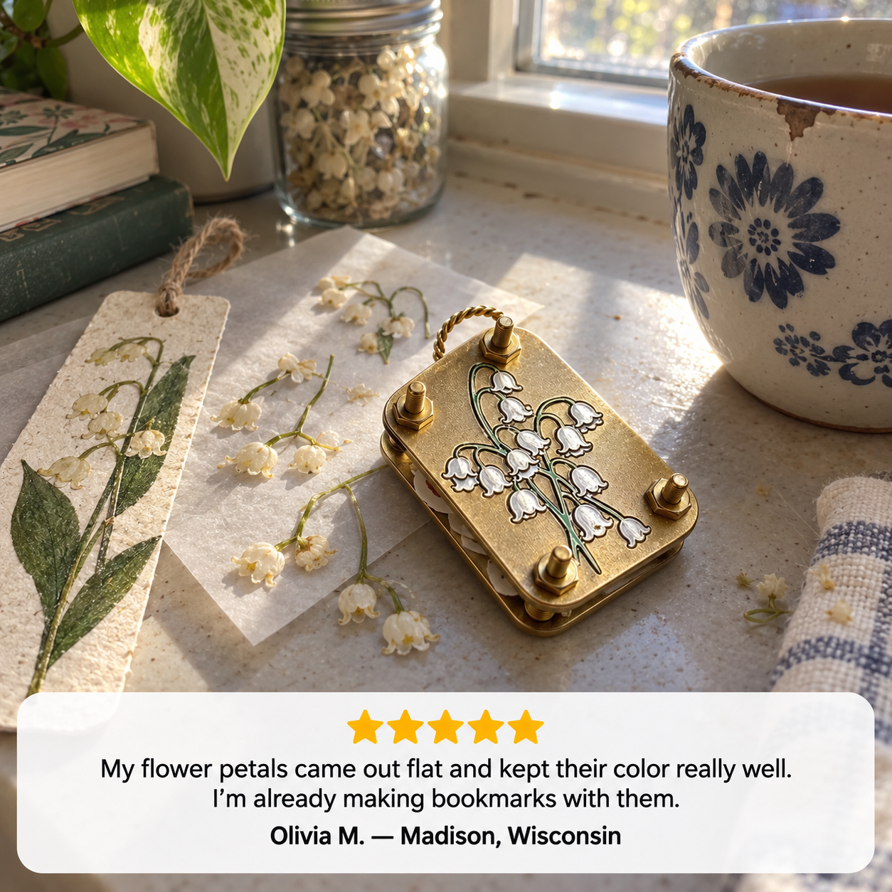 Customer review showing journal pages decorated with pressed flowers