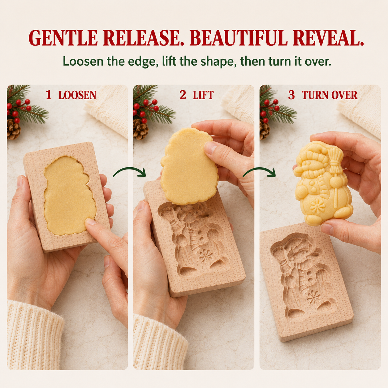 Carefully releasing shaped dough from the wooden cookie mold
