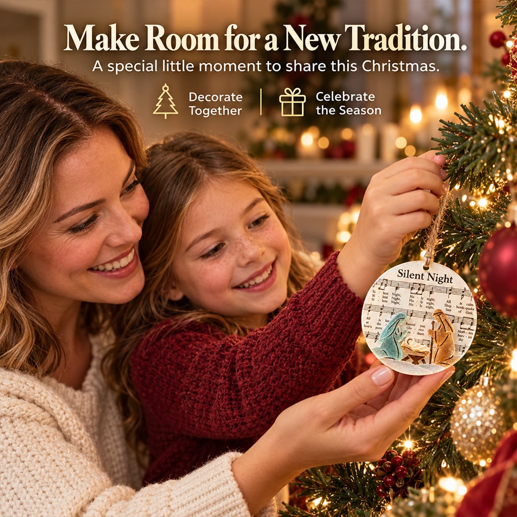 Family decorating together with a Christmas carol ornament