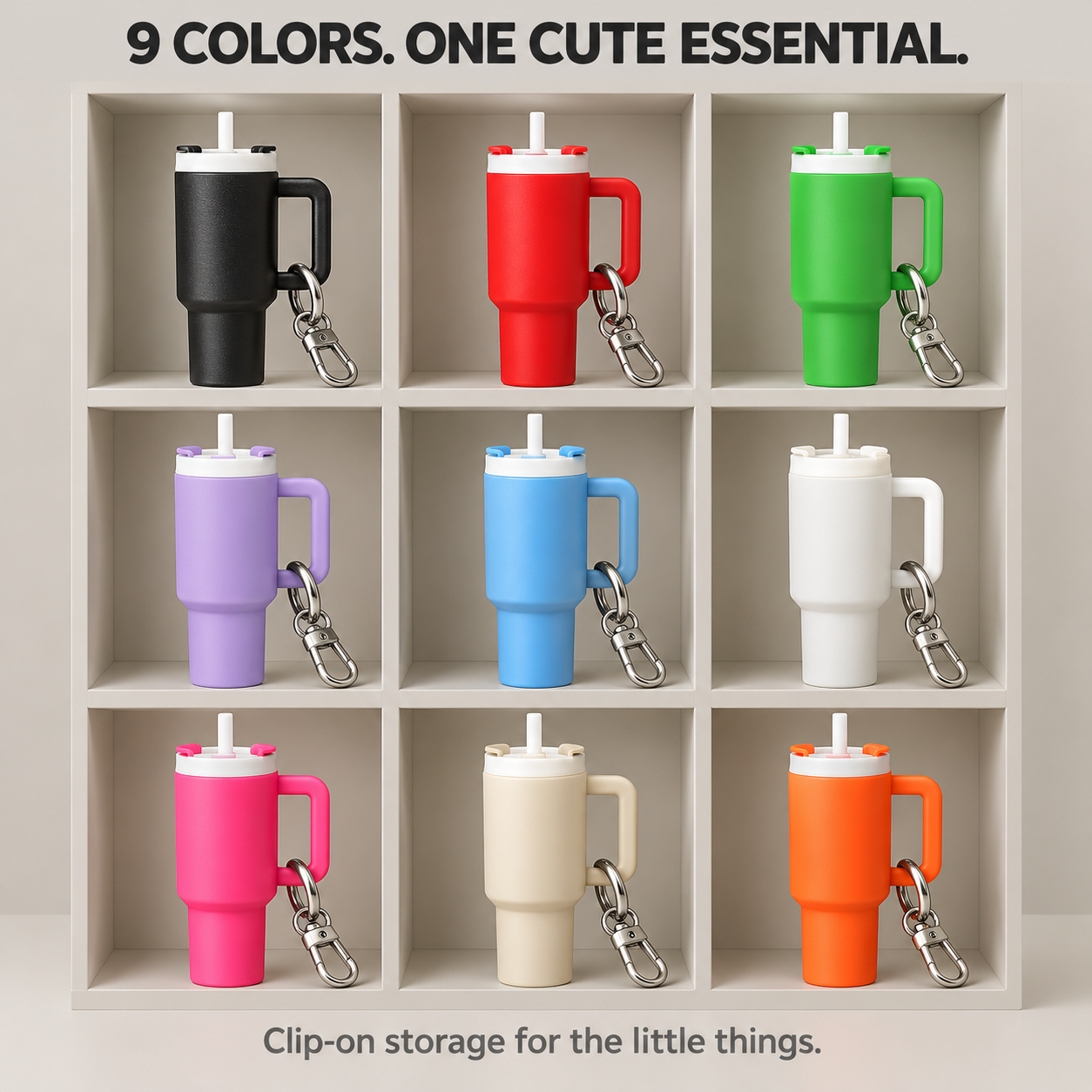 Colorful mini cup keychains arranged as small practical gifts