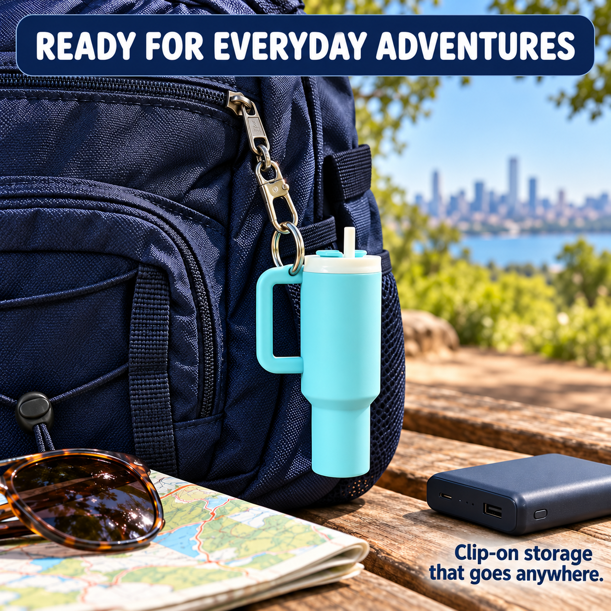 Mini storage cup clipped to a backpack for easy access