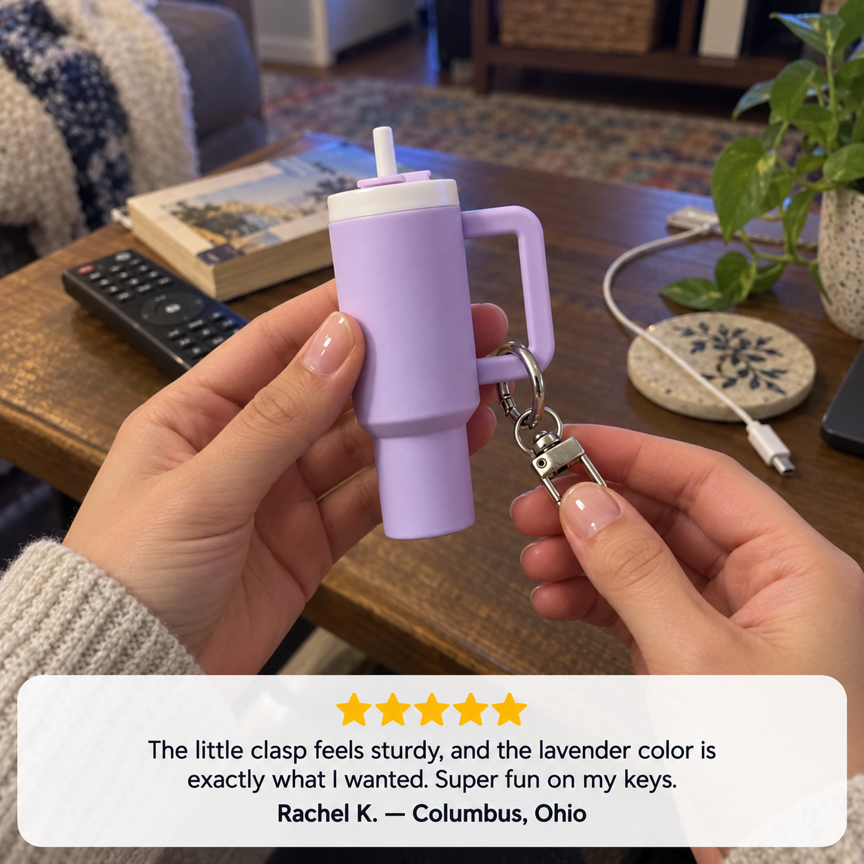 Customer review of a lavender mini cup beside everyday keys