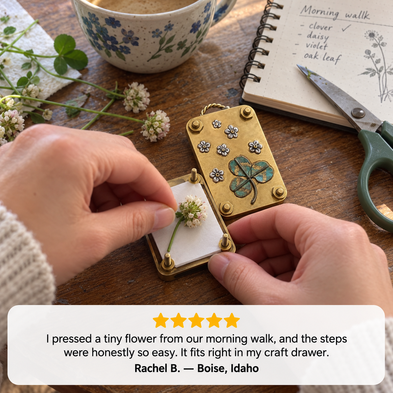 Customer review carrying the tiny flower press on a walk