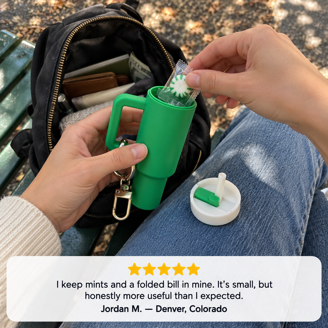 Customer review of a mini emergency stash for a handbag