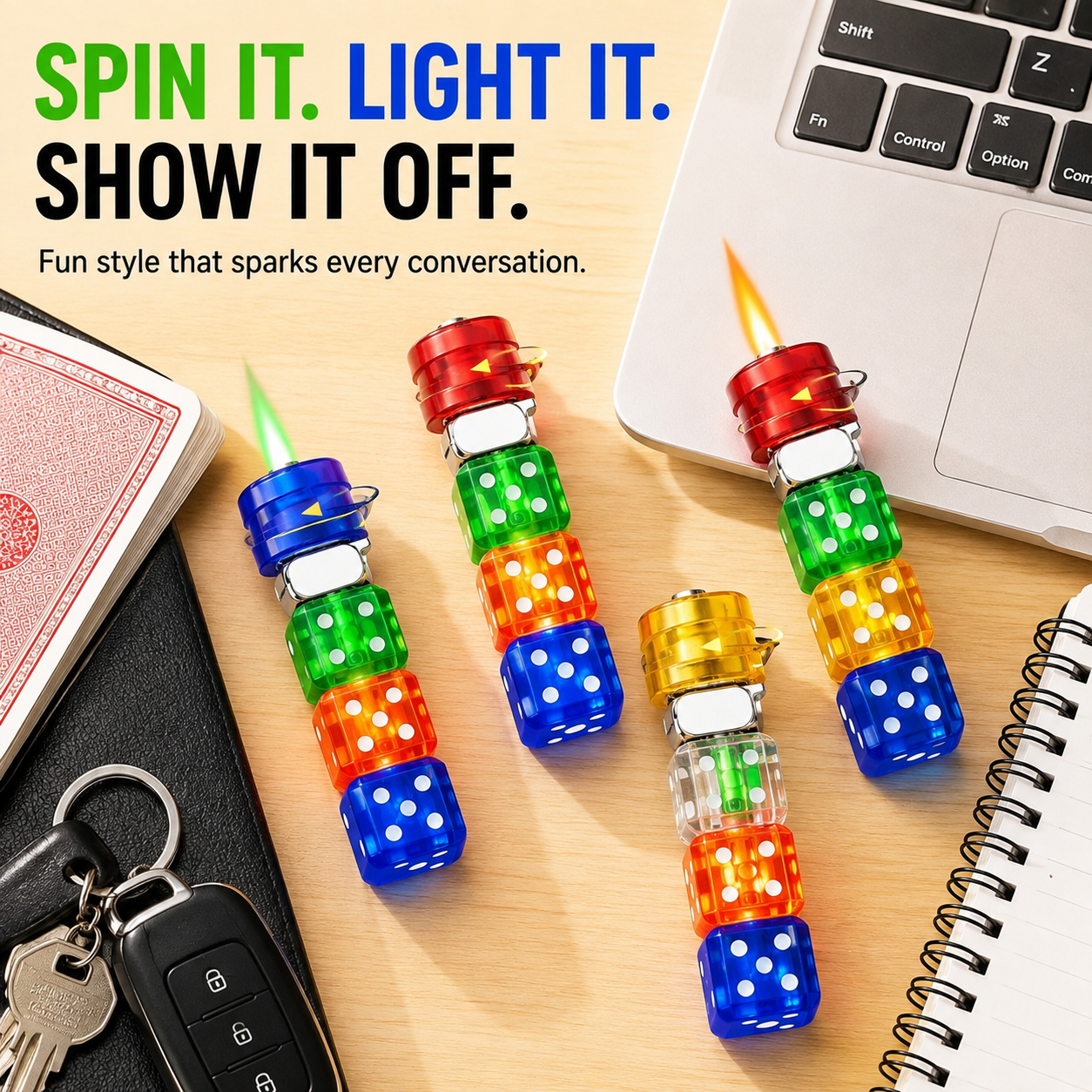 Eye-catching dice lighter on a desk
