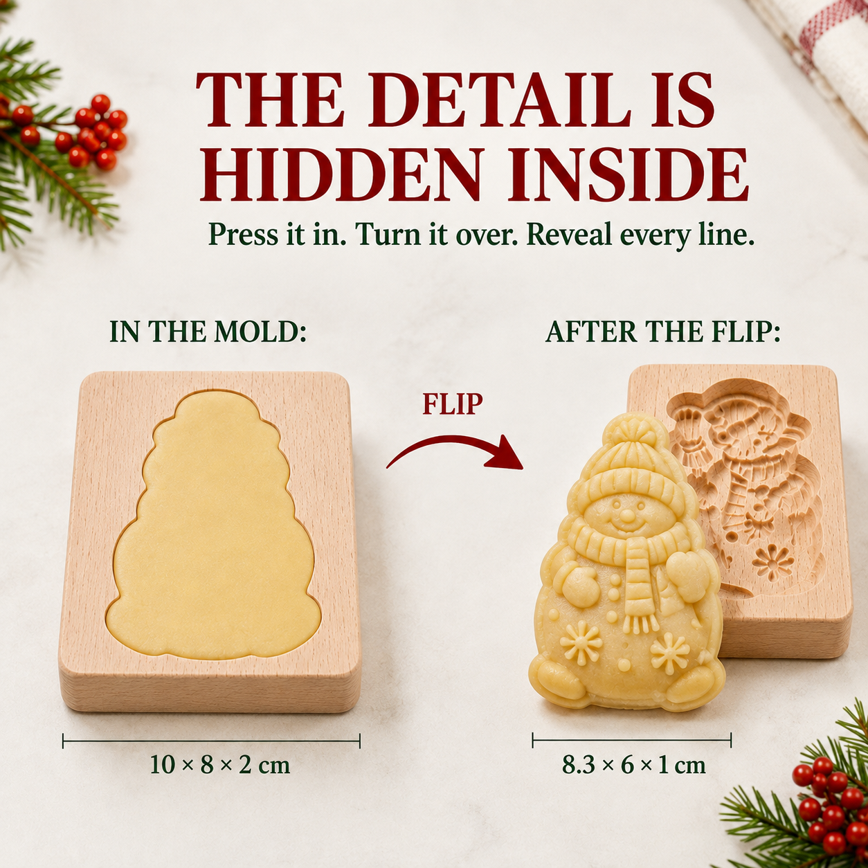 Cookie dough portion and wooden mold size guide