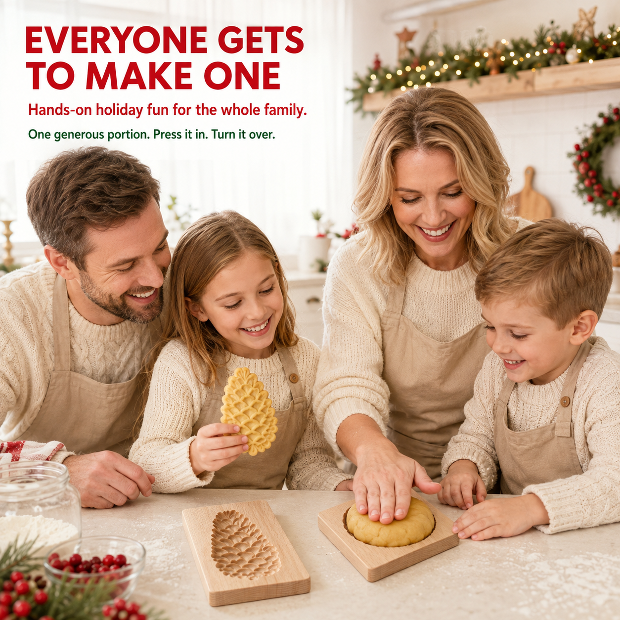Family making holiday cookies together with wooden molds