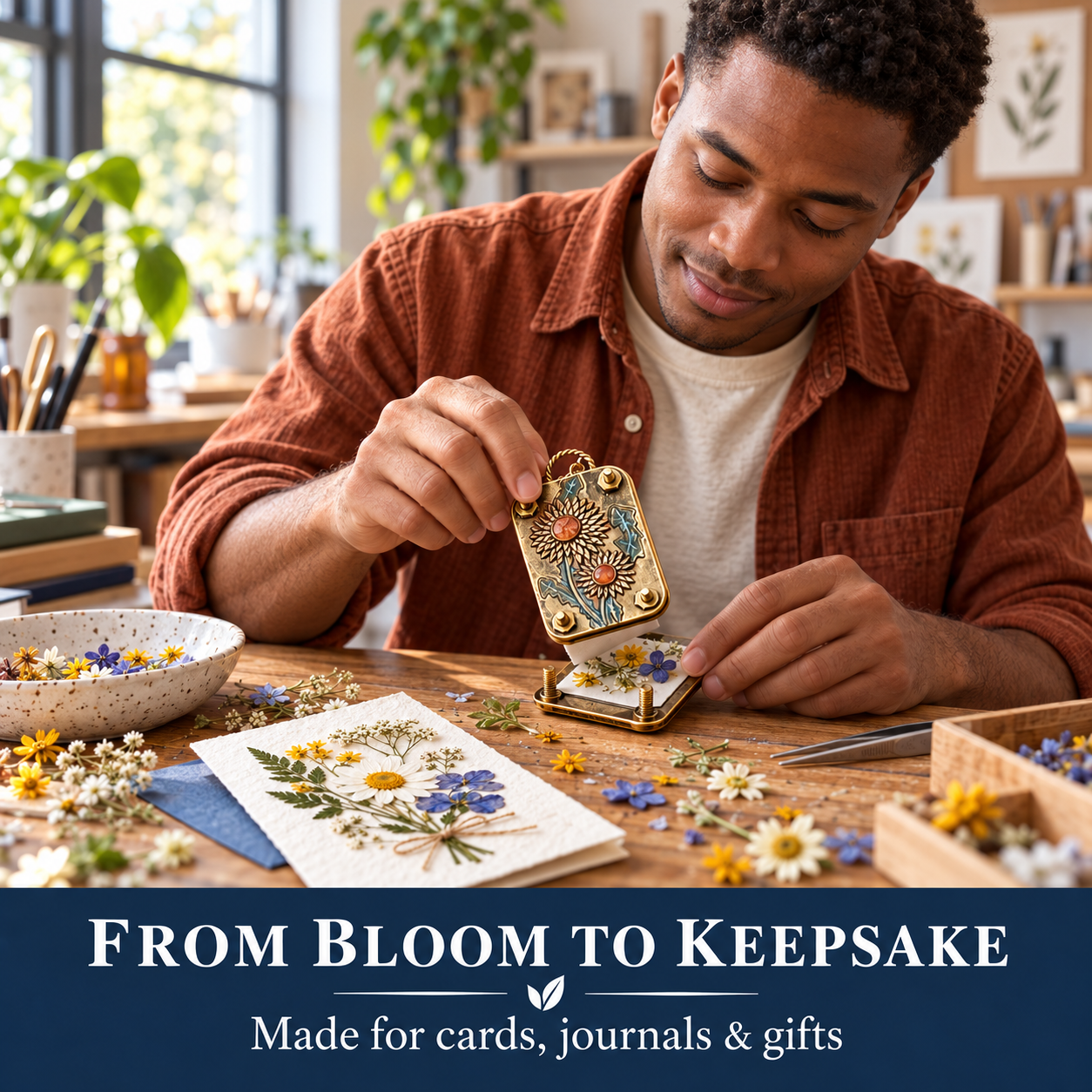 Pressed flowers used in journals bookmarks cards and gifts