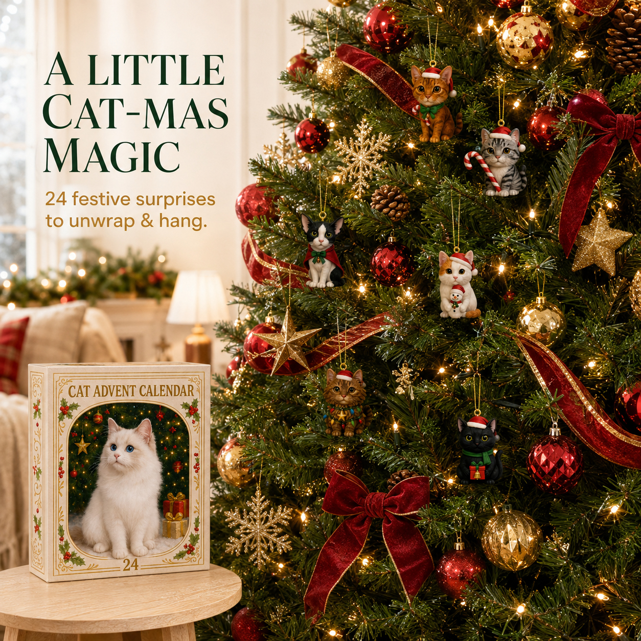 Tree filled with festive cat ornaments