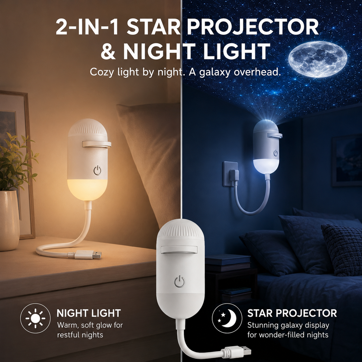 Two-in-one night light and star projector