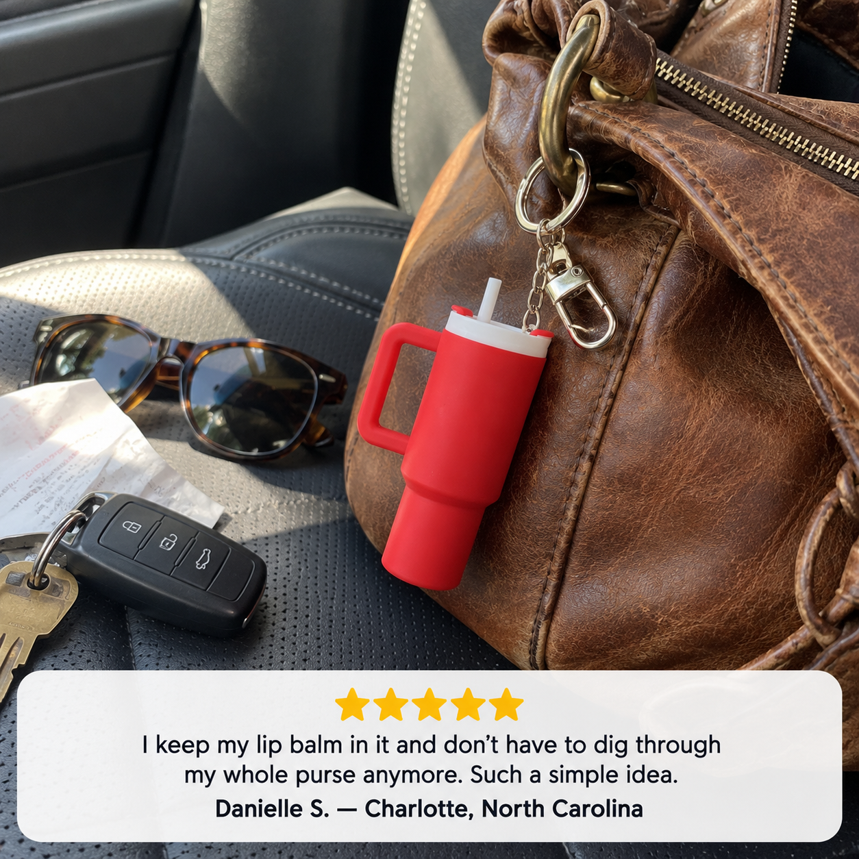 Customer review using a mini cup to store lip balm in the car