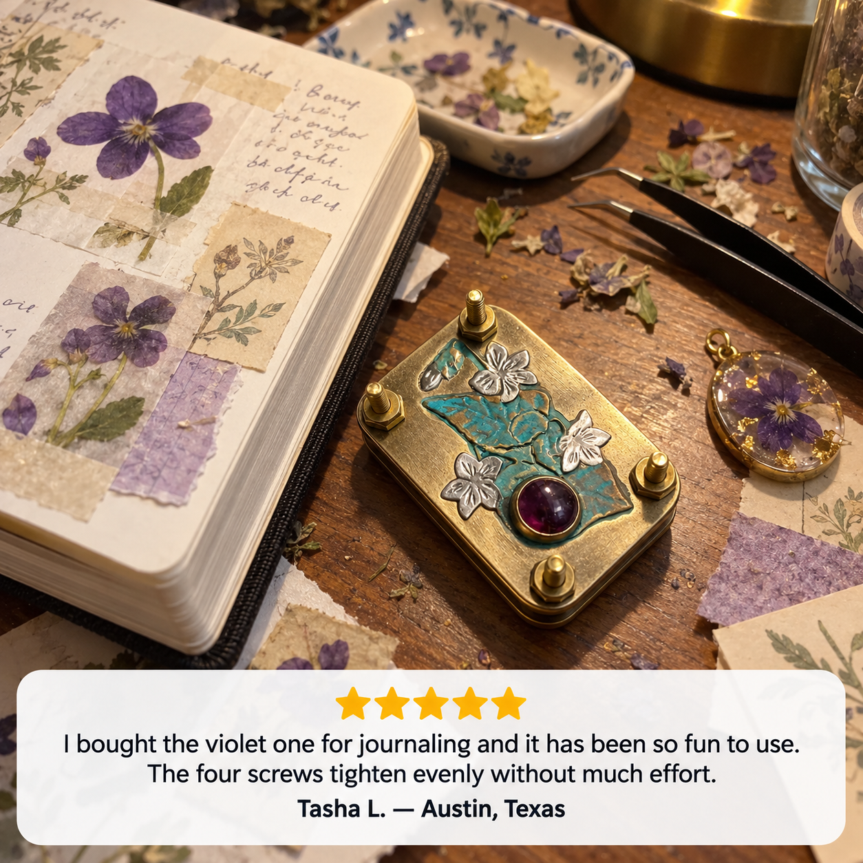 Customer review showing a finished miniature pressed-flower project