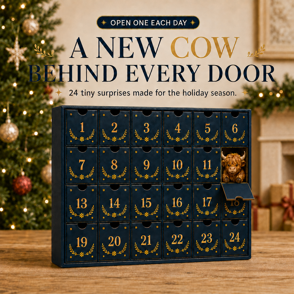 Highland cow advent calendar by the Christmas tree