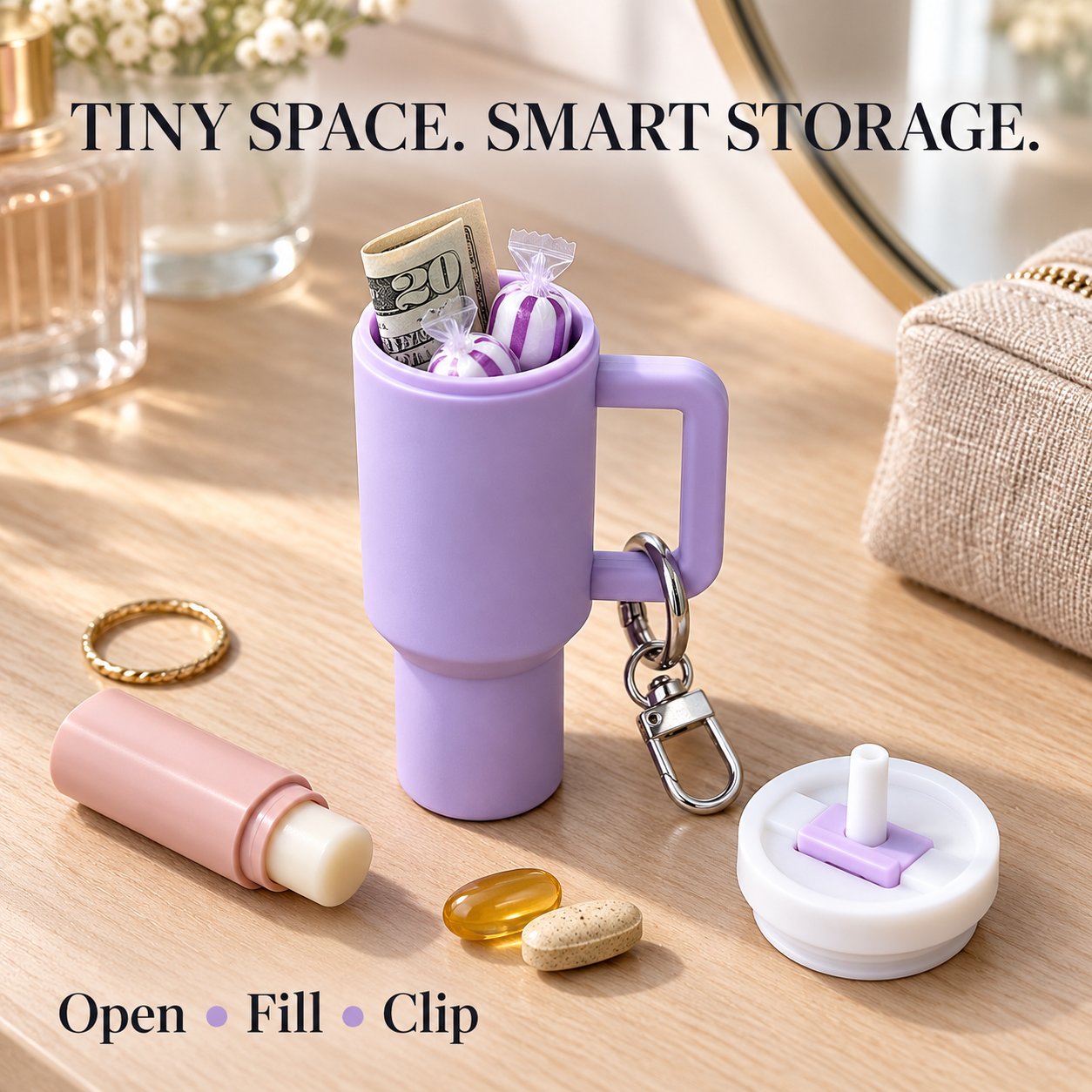 Mini cup storage keychain clipped near the top of a tote bag