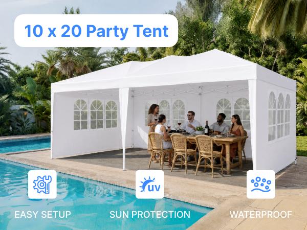 NorthSky 10x20 FT Sturdy Pop Up Canopy Tent, 420D Waterproof UV-Blocking Oxford Fabric, Triangular Top, 3-Level Adjustable Wind-Safe Frame, 78-82" Height Set, 6 Sidewalls, Mosquito Netting, Reinforced Steel Wind Accessories for Wedding Camping