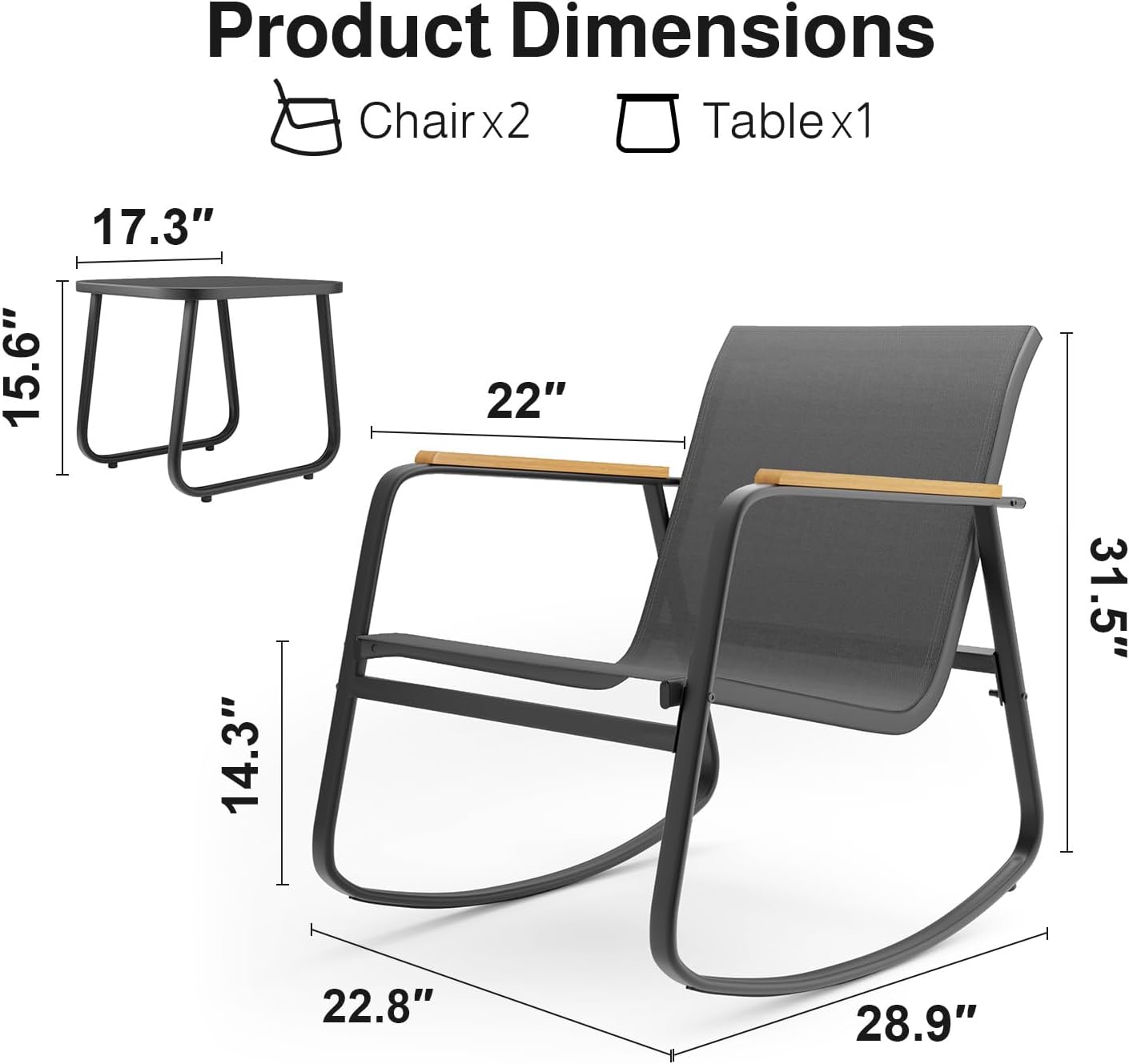 GIZOON 3 Piece Rocking Bistro Set, Textilene Patio Chairs for Garden, Black | Textilene Fabric Patio Furniture Set, Front Porch Rocker Chairs with Coffee Table for Lawn, Garden, Balcony, Poolside