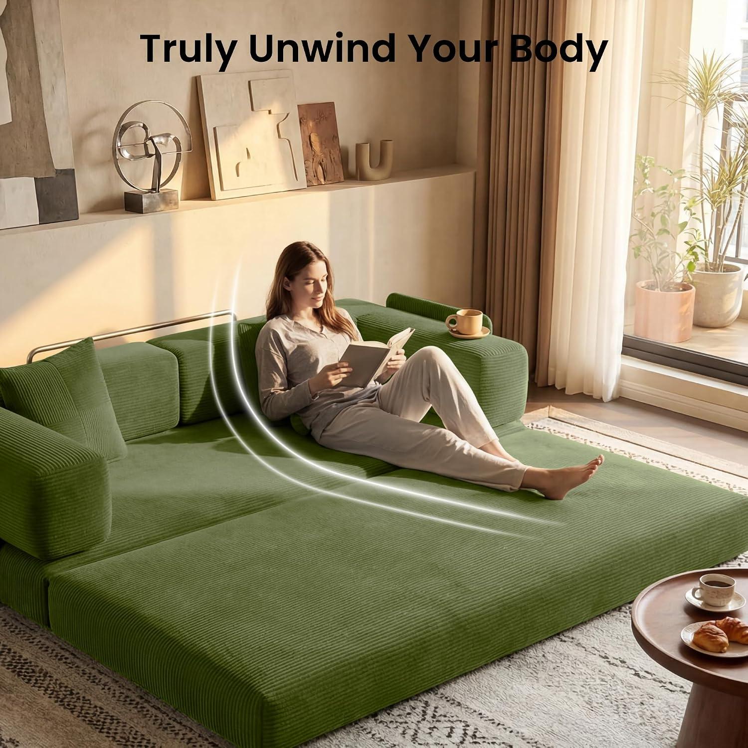 78.8" Corduroy Convertible Futon Sofa Bed Furniture, No-Assembly Boneless Couch with Storage Pocket for Living Room, Green,dorm essentials,home decor