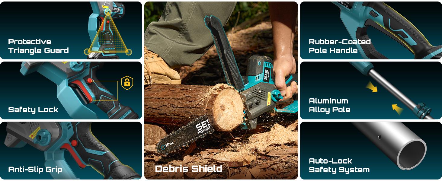SEESII (10/8)-Inch 2-in-1 Cordless Pole Saw & Mini Chainsaw, 900W Brushless Motor & 2 x 2/4.0Ah 21V Batteries, 16Ft Max Reach & 14 Piece Kit for Tree Trimming P10 Uniq/P8 Ace/P6 Ace CHT11