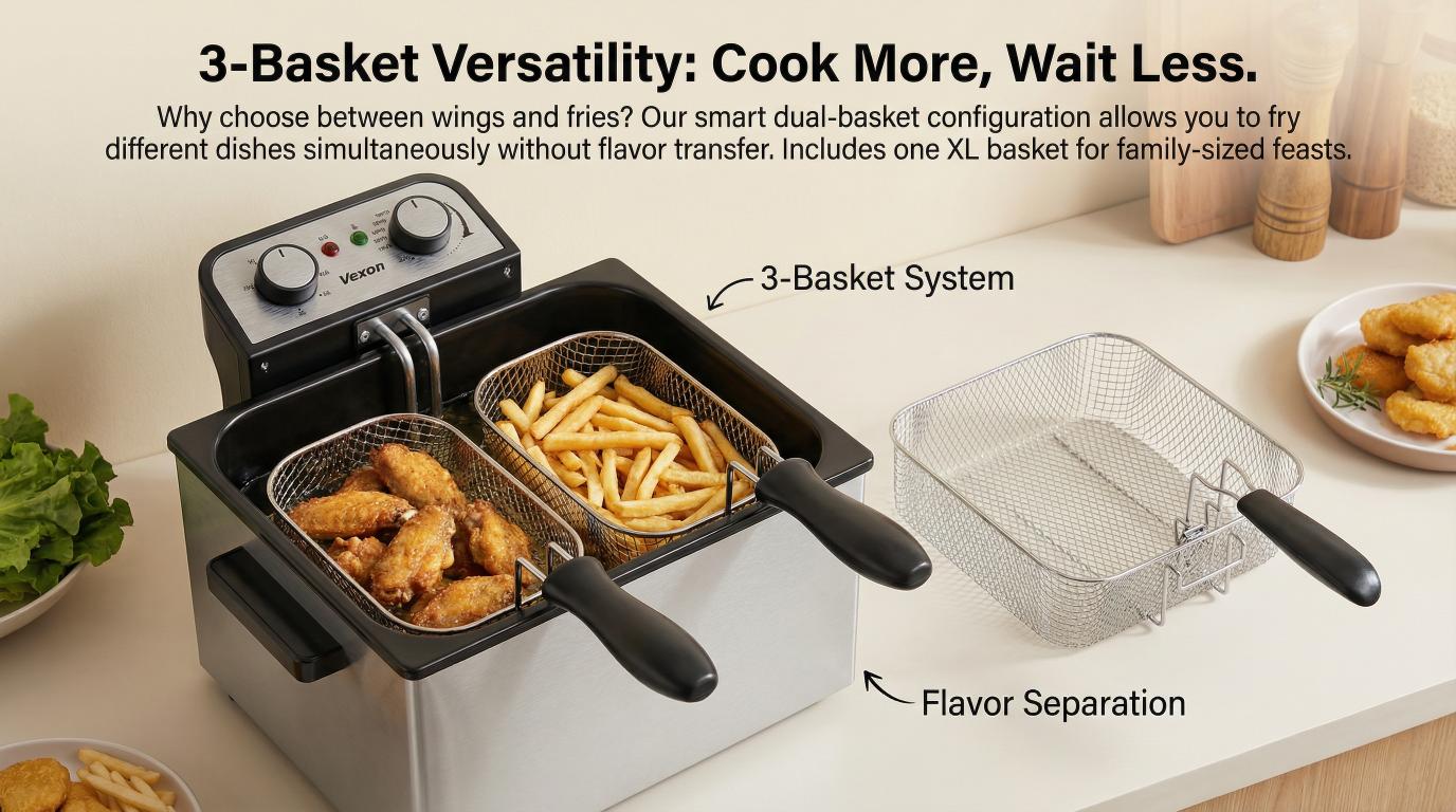 VEXON 5L Extra Large Deep Fryer with 3 Baskets &ndash; Family-Size 1800W High-Heat Frying, 21-Cup Capacity, Easy Clean, Perfect Gift for Home Cooking & Family Meals