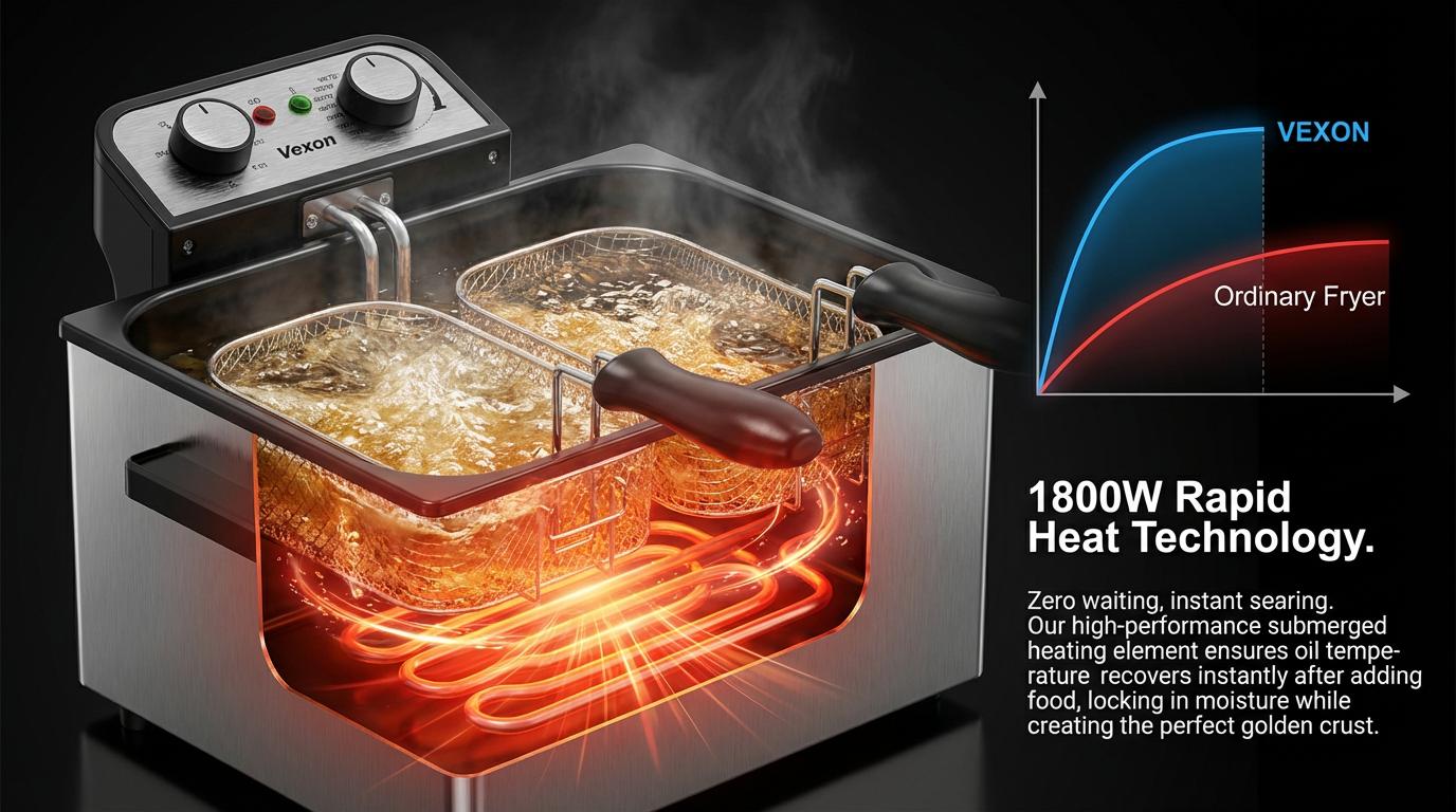 VEXON 5L Extra Large Deep Fryer with 3 Baskets &ndash; Family-Size 1800W High-Heat Frying, 21-Cup Capacity, Easy Clean, Perfect Gift for Home Cooking & Family Meals