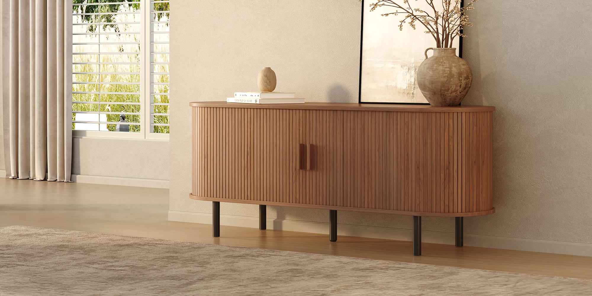 【Sliding Doors Design】ONBRILL 55"/63"/71"/86" Gorgeous Fluted TV Stand for TVs up to 60/70 Inch, Modern Entertainment Center with Power Outlet & Adjustable Shelves Storage for Living Room, Media Console,Bedroom Furniture,Christmas Gift【BackToSchool】