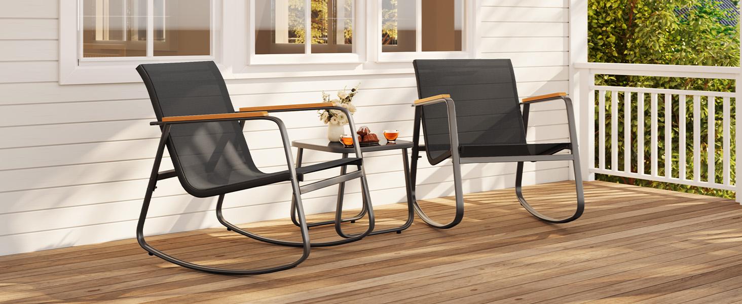 GIZOON 3 Piece Rocking Bistro Set, Textilene Patio Chairs for Garden, Black | Textilene Fabric Patio Furniture Set, Front Porch Rocker Chairs with Coffee Table for Lawn, Garden, Balcony, Poolside