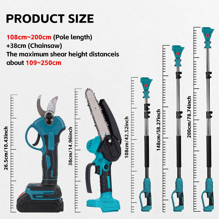 3-in-1 Cordless Pole Saw & Mini Chainsaw Garden Tools Set with 2 Batteries, Extension Pole, Garden Scissors for Tree Trimming, Limb Branch Cutter for Outdoor Use, Father's Day Gift
