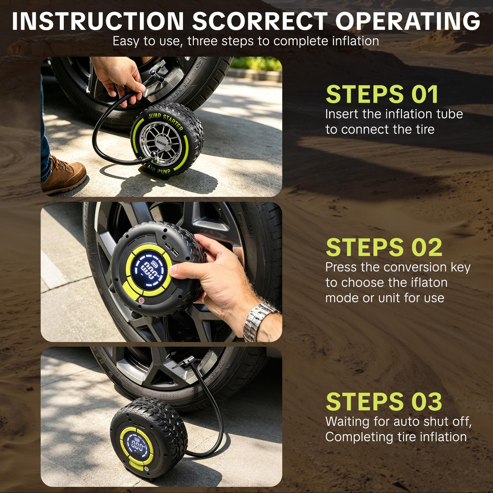SEESE Electric Portable Tire Inflator, 6000mAh, 150 PSI Inflator with LED light, DC12V Jump Starter - Ideal for Rapid Inflation of Motorcycles/Bicycle/Balls, Road Trips, Emergencies and Daily Use