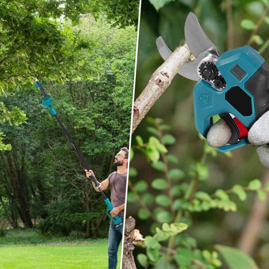 3-in-1 Cordless Pole Saw & Mini Chainsaw Garden Tools Set with 2 Batteries, Extension Pole, Garden Scissors for Tree Trimming, Limb Branch Cutter for Outdoor Use, Father's Day Gift