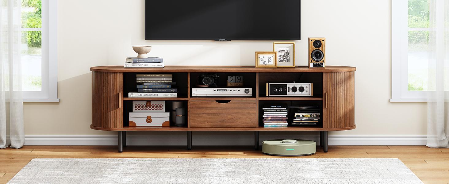 【Sliding Doors Design】ONBRILL 55"/63"/71"/86" Gorgeous Fluted TV Stand for TVs up to 60/70 Inch, Modern Entertainment Center with Power Outlet & Adjustable Shelves Storage for Living Room, Media Console,Bedroom Furniture,Christmas Gift【BackToSchool】