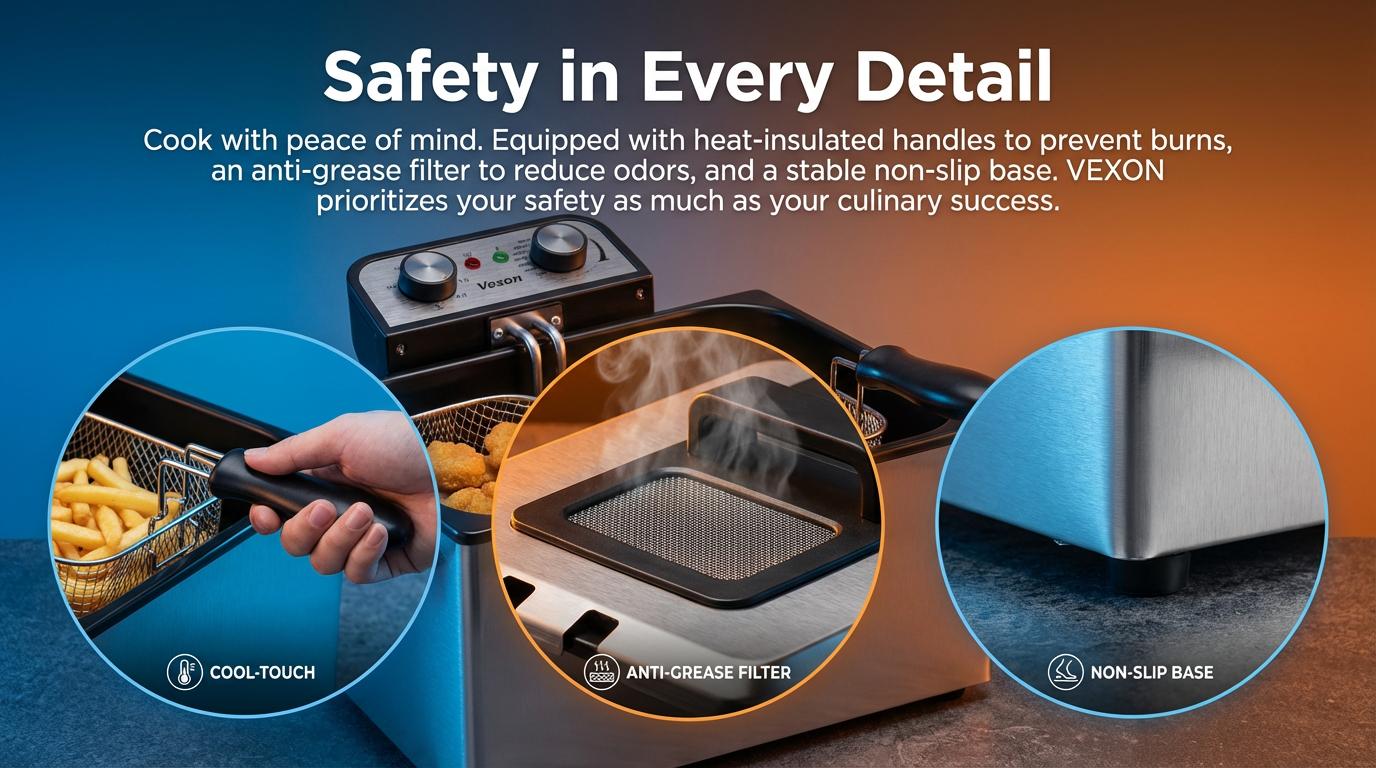 VEXON 5L Extra Large Deep Fryer with 3 Baskets &ndash; Family-Size 1800W High-Heat Frying, 21-Cup Capacity, Easy Clean, Perfect Gift for Home Cooking & Family Meals