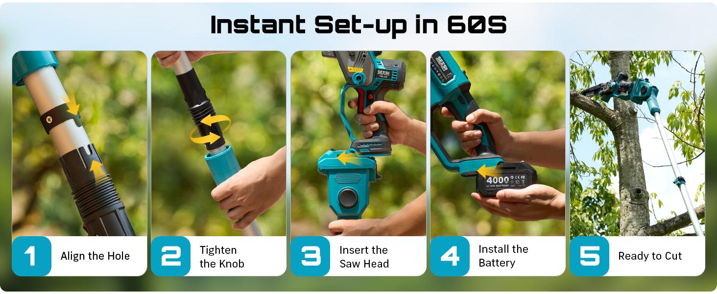 SEESII (10/8)-Inch 2-in-1 Cordless Pole Saw & Mini Chainsaw, 900W Brushless Motor & 2 x 2/4.0Ah 21V Batteries, 16Ft Max Reach & 14 Piece Kit for Tree Trimming P10 Uniq/P8 Ace/P6 Ace CHT11
