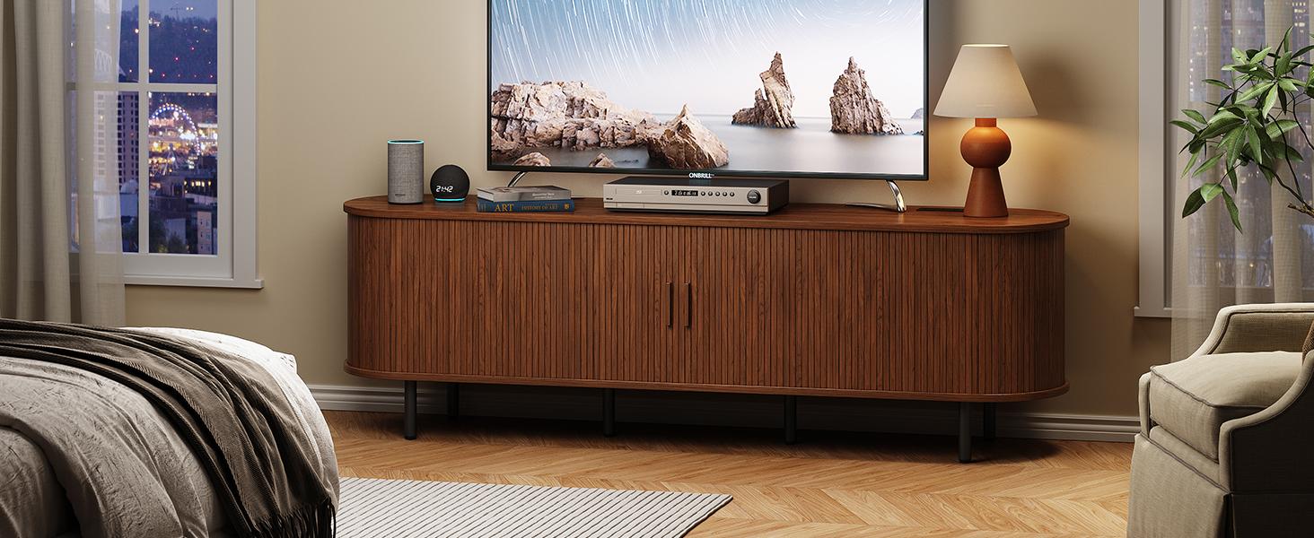 【Sliding Doors Design】ONBRILL 55"/63"/71"/86" Gorgeous Fluted TV Stand for TVs up to 60/70 Inch, Modern Entertainment Center with Power Outlet & Adjustable Shelves Storage for Living Room, Media Console,Bedroom Furniture,Christmas Gift【BackToSchool】