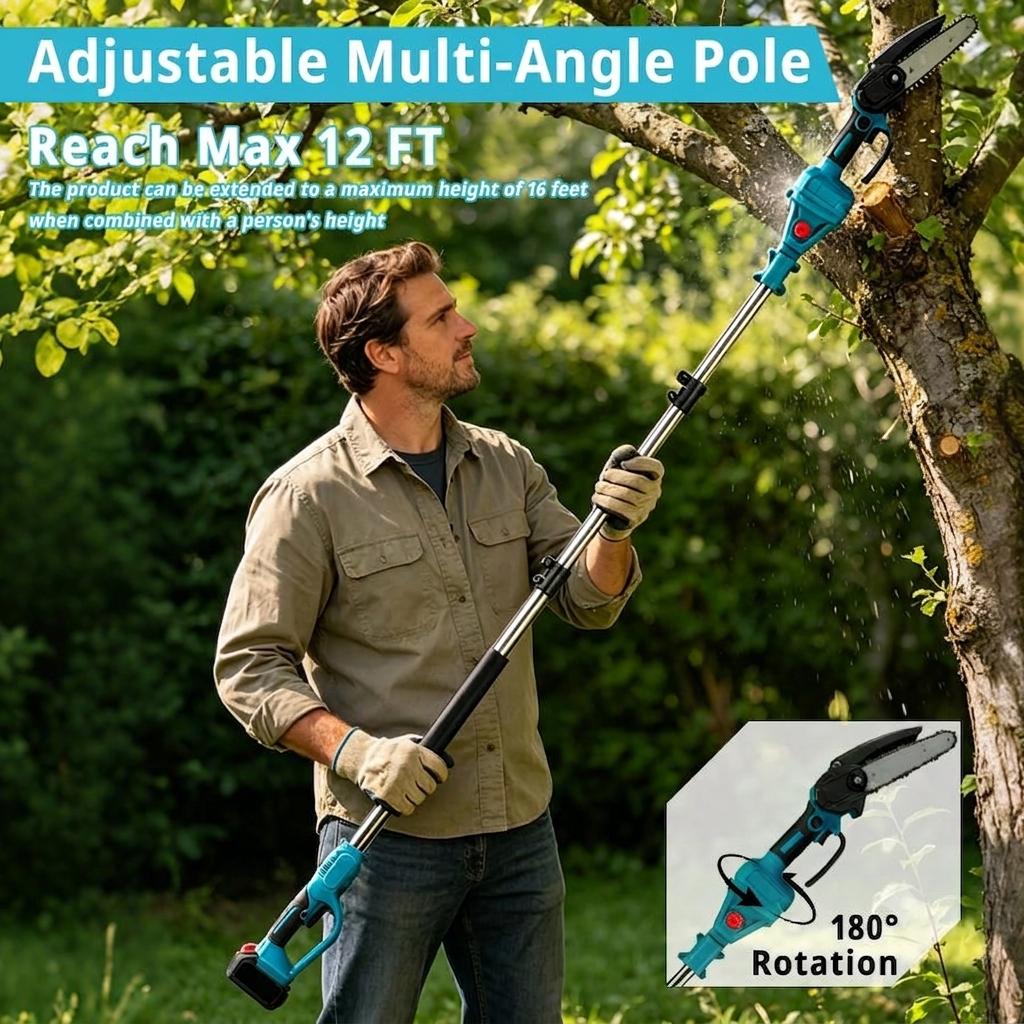 3-in-1 Cordless Pole Saw & Mini Chainsaw Garden Tools Set with 2 Batteries, Extension Pole, Garden Scissors for Tree Trimming, Limb Branch Cutter for Outdoor Use, Father's Day Gift