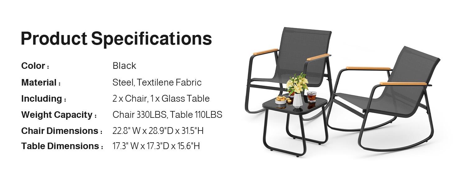GIZOON 3 Piece Rocking Bistro Set, Textilene Patio Chairs for Garden, Black | Textilene Fabric Patio Furniture Set, Front Porch Rocker Chairs with Coffee Table for Lawn, Garden, Balcony, Poolside