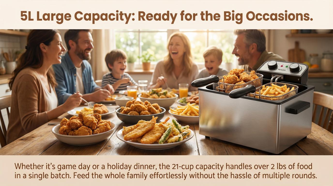 VEXON 5L Extra Large Deep Fryer with 3 Baskets &ndash; Family-Size 1800W High-Heat Frying, 21-Cup Capacity, Easy Clean, Perfect Gift for Home Cooking & Family Meals