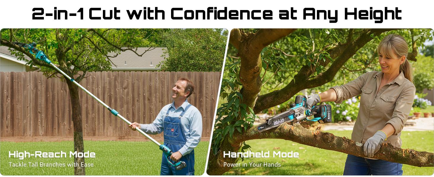SEESII (10/8)-Inch 2-in-1 Cordless Pole Saw & Mini Chainsaw, 900W Brushless Motor & 2 x 2/4.0Ah 21V Batteries, 16Ft Max Reach & 14 Piece Kit for Tree Trimming P10 Uniq/P8 Ace/P6 Ace CHT11