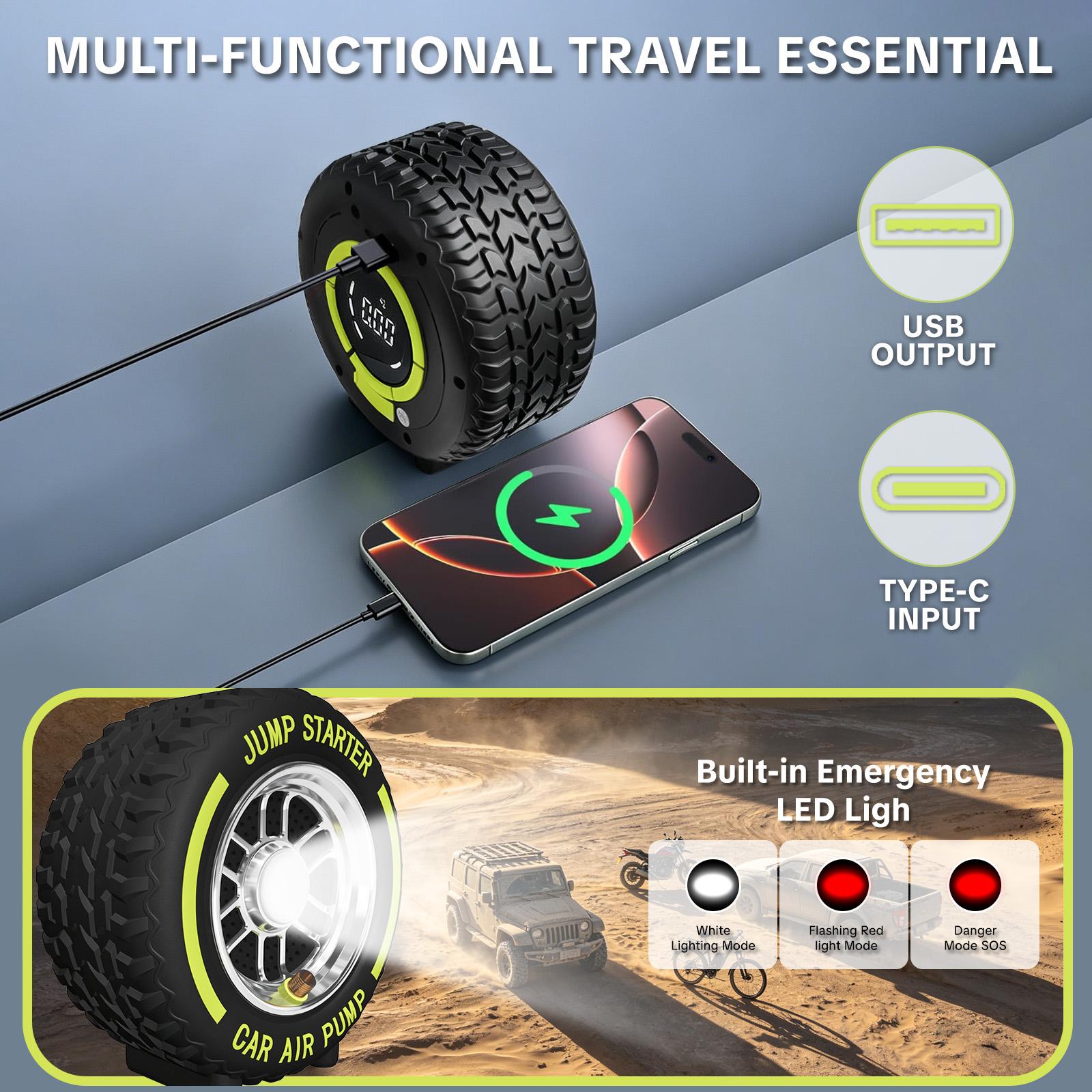 SEESE Electric Portable Tire Inflator, 6000mAh, 150 PSI Inflator with LED light, DC12V Jump Starter - Ideal for Rapid Inflation of Motorcycles/Bicycle/Balls, Road Trips, Emergencies and Daily Use