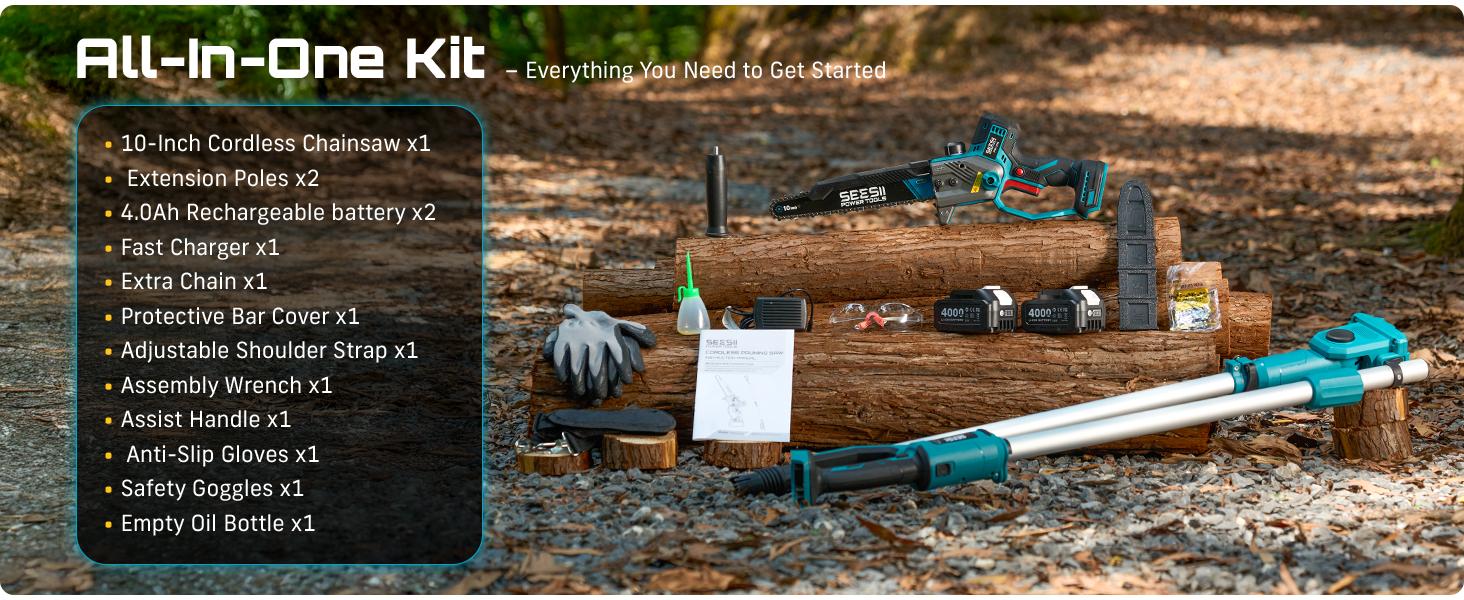 SEESII (10/8)-Inch 2-in-1 Cordless Pole Saw & Mini Chainsaw, 900W Brushless Motor & 2 x 2/4.0Ah 21V Batteries, 16Ft Max Reach & 14 Piece Kit for Tree Trimming P10 Uniq/P8 Ace/P6 Ace CHT11